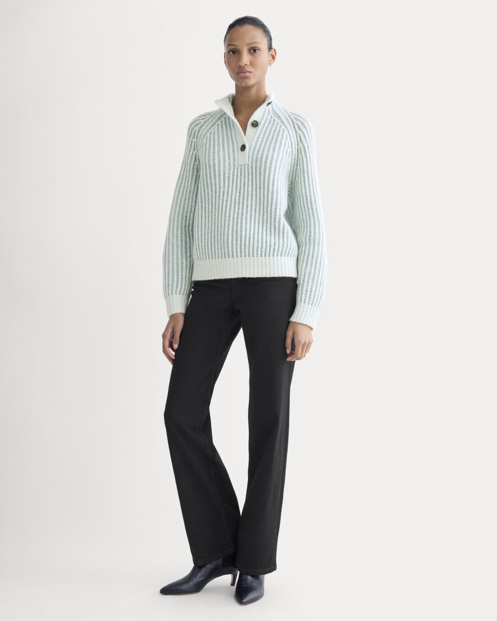 Funnel-Neck Ribbed Henley Sweater in Chalk Blue / Grey Mist Vertical Stripe — detail view