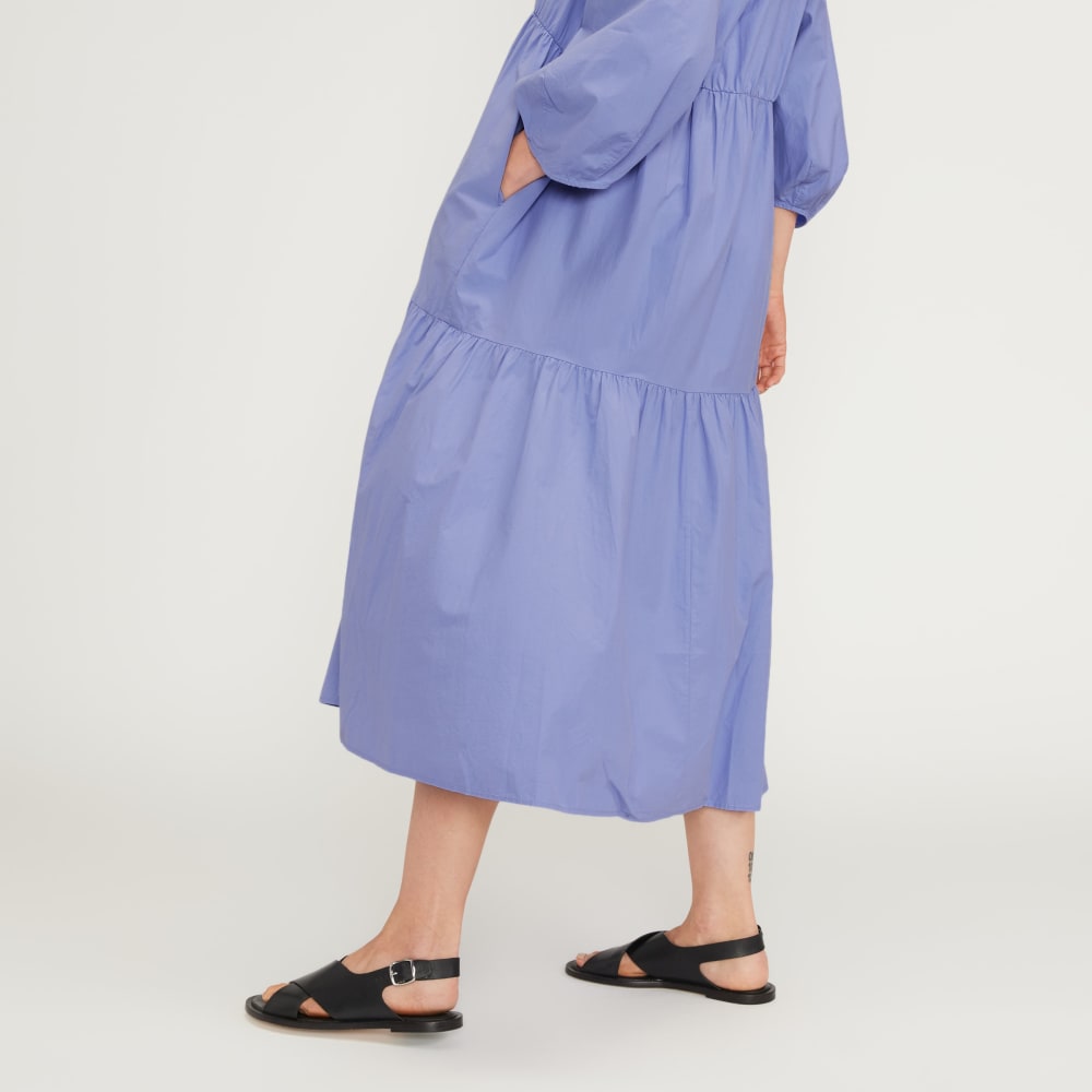 The Poplin Tiered Dress in Cornflower Blue — detail view