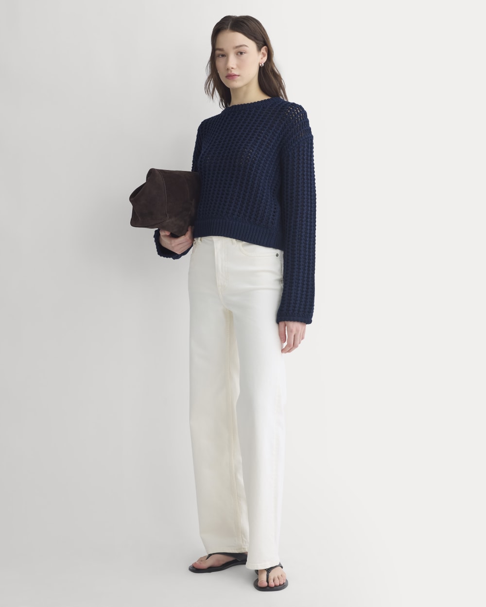 Open-Knit Crew in Elevated Cotton in Navy — detail view
