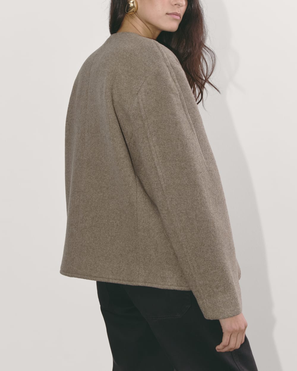 The Cocoon Coat in Wool in Taupe — detail view