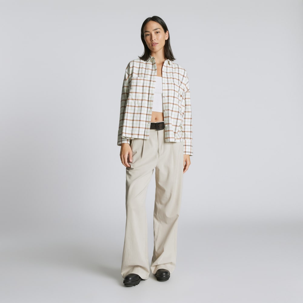 The Boxy Flannel in Seafoam / Tobacco Brown Plaid — detail view