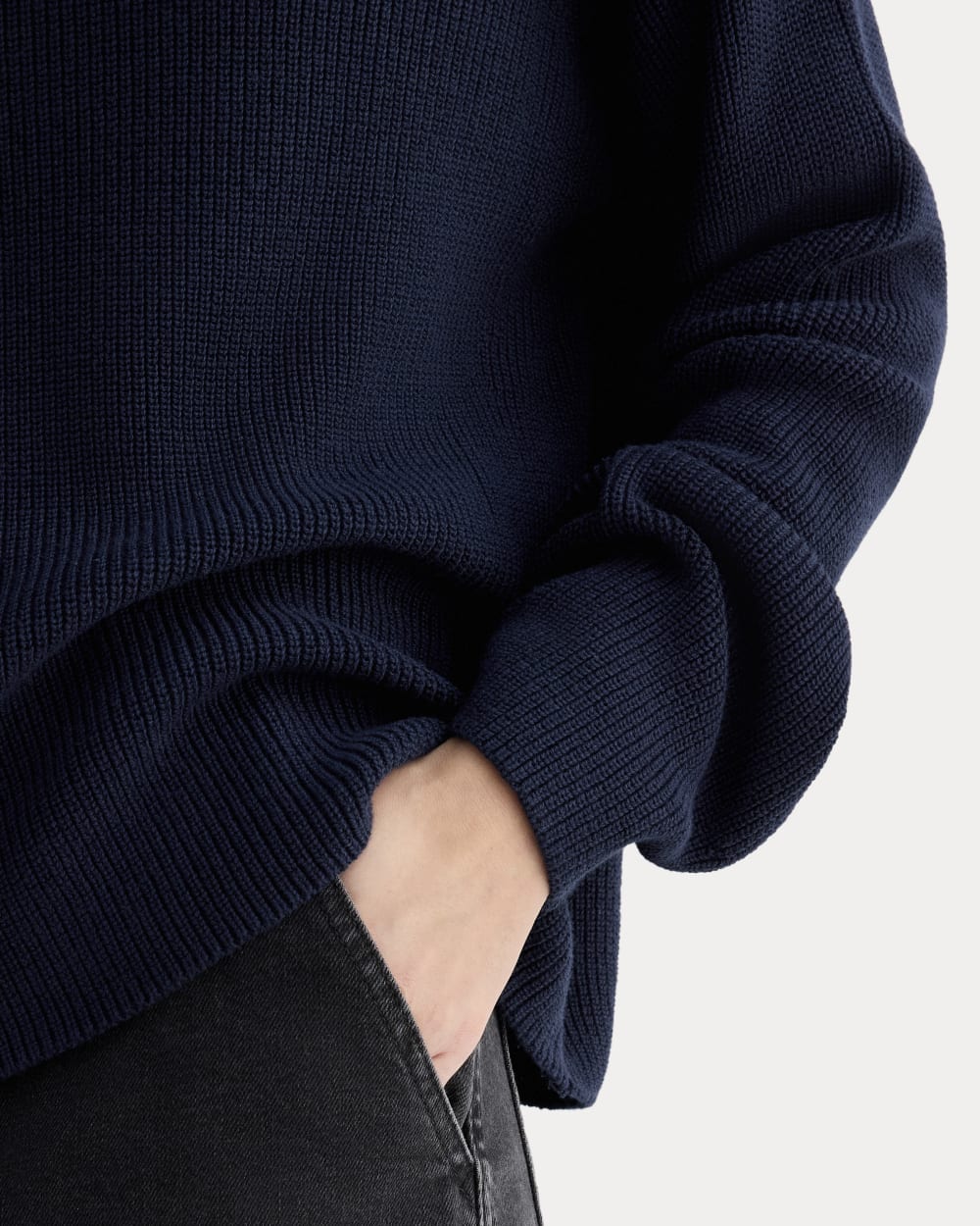 The Slouchy Funnel Neck in Everyday Cotton in Navy — detail view