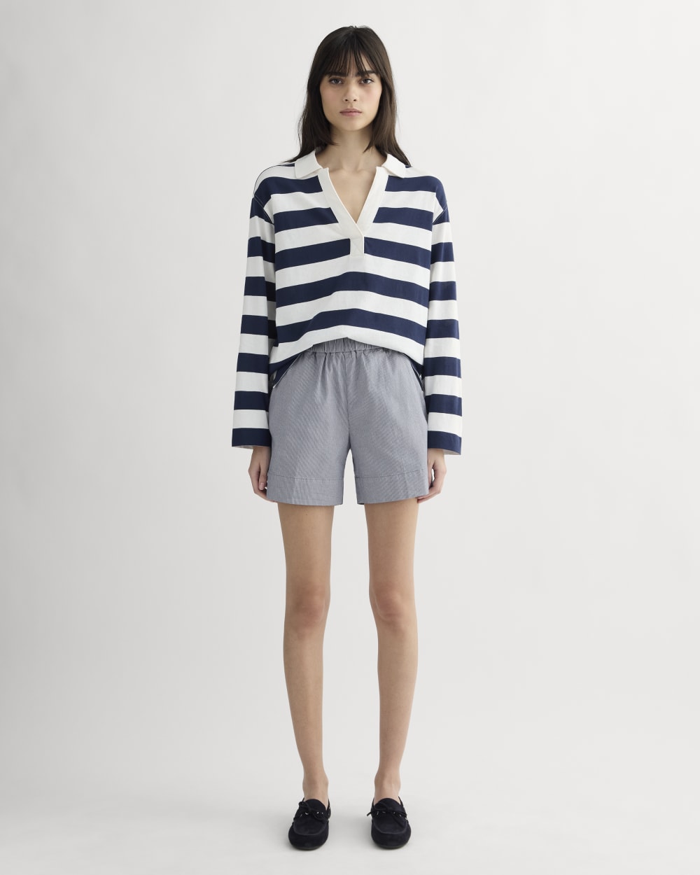 The Easy Short in Dark Denim Pinstripe — front view