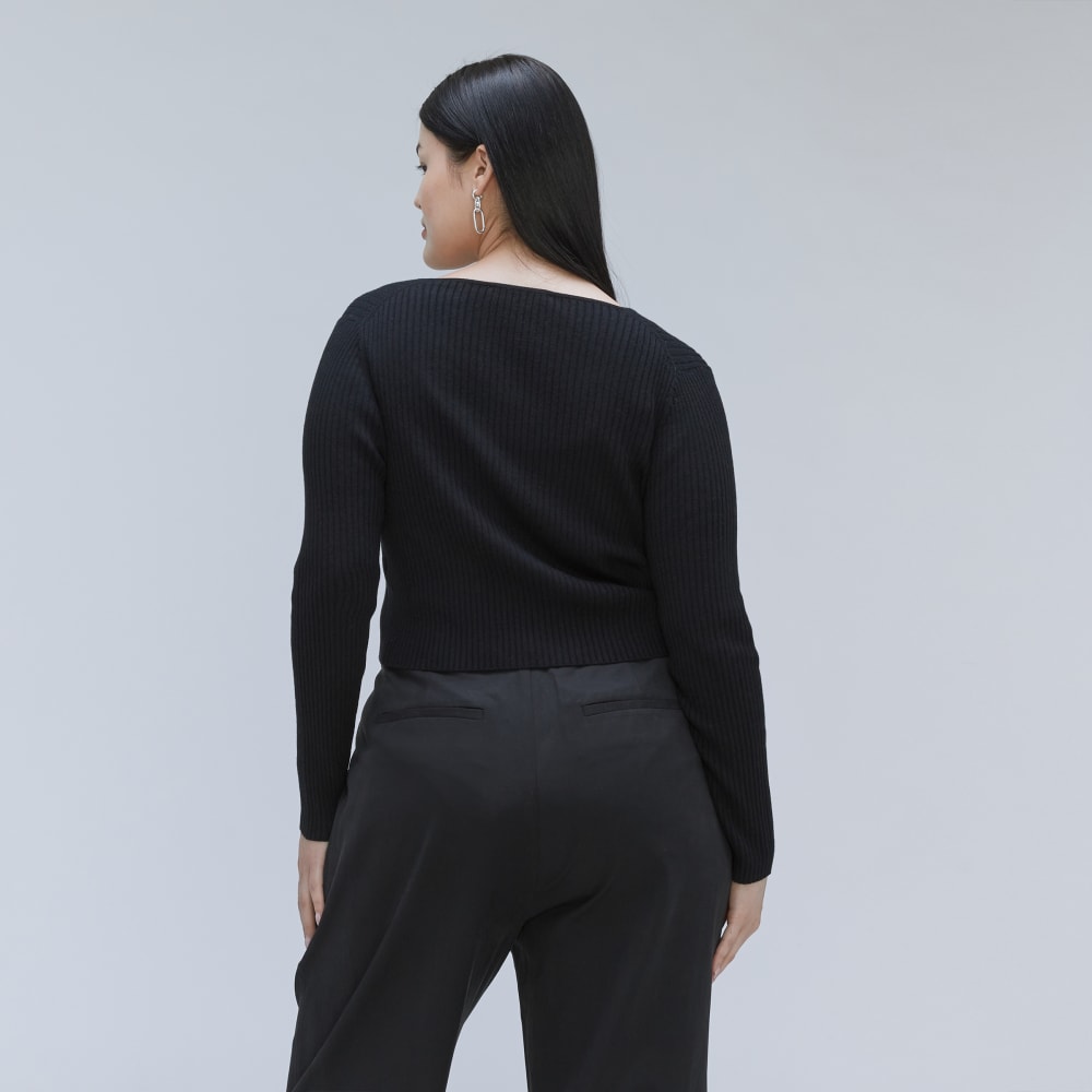 The Cotton-Merino Front-Tie Top in Black — detail view
