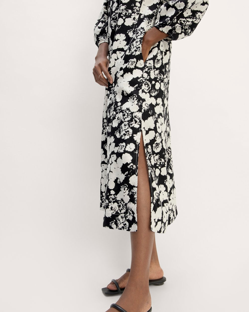 The Linen A-Line Midi Dress in Black / Bone Floral — detail view