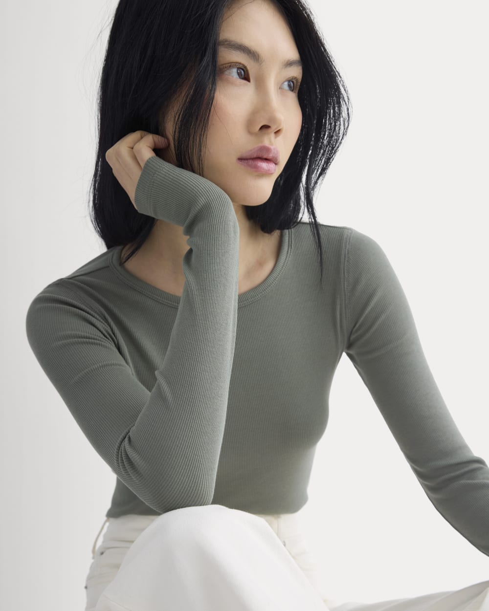 The Luxe Rib Long-Sleeve Crew in Agave Green — detail view