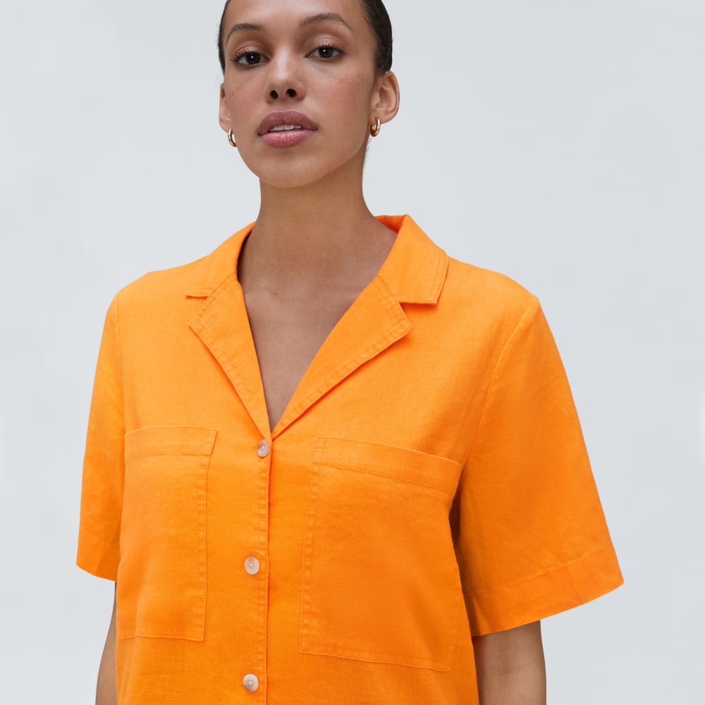 The Linen Workwear Dress in Turmeric — detail view