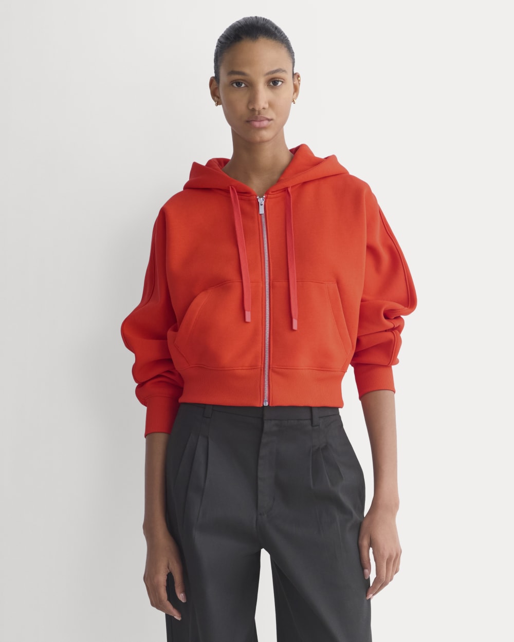 Luxe Fleece Full-Zip Cropped Hoodie in Fiery Red — front view