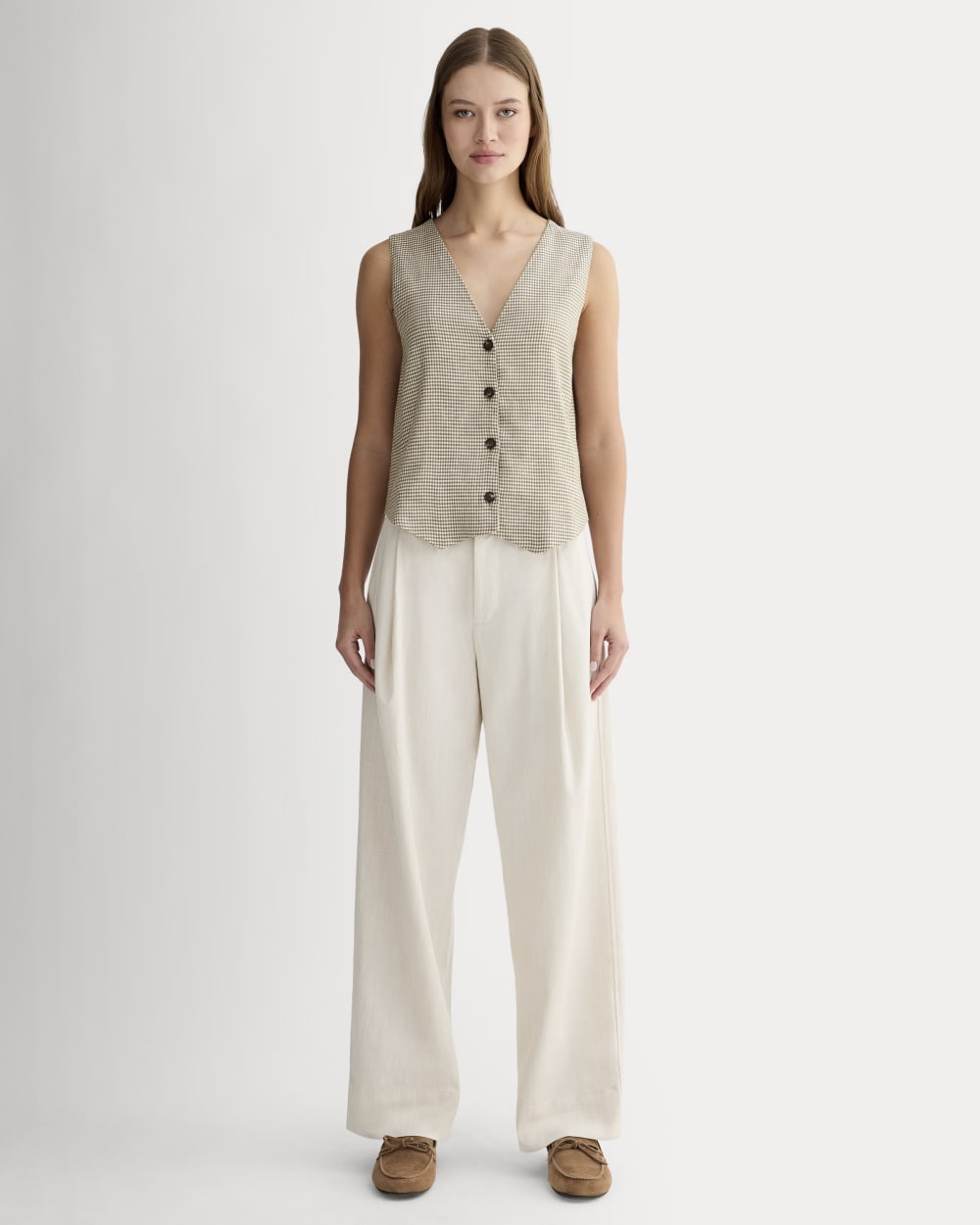 The Vest in Stretch Linen in Deep Taupe Mini Gingham — detail view