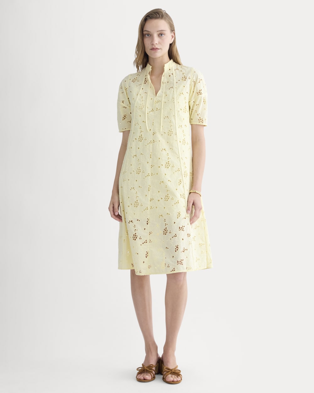 The Eyelet Midi Dress in Light Yellow — front view
