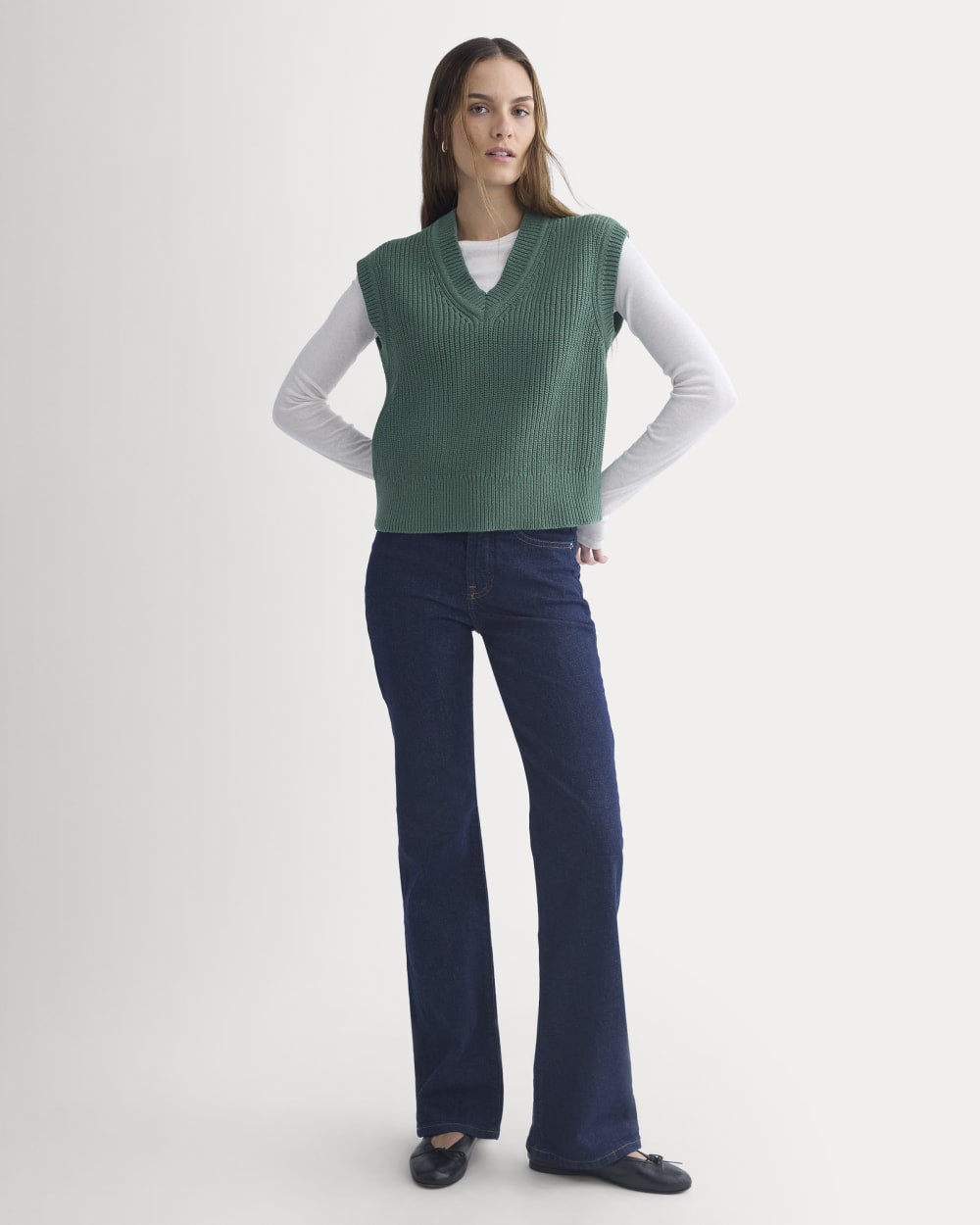 Ribbed V-Neck Vest in Everyday Cotton in Hunter Green — detail view