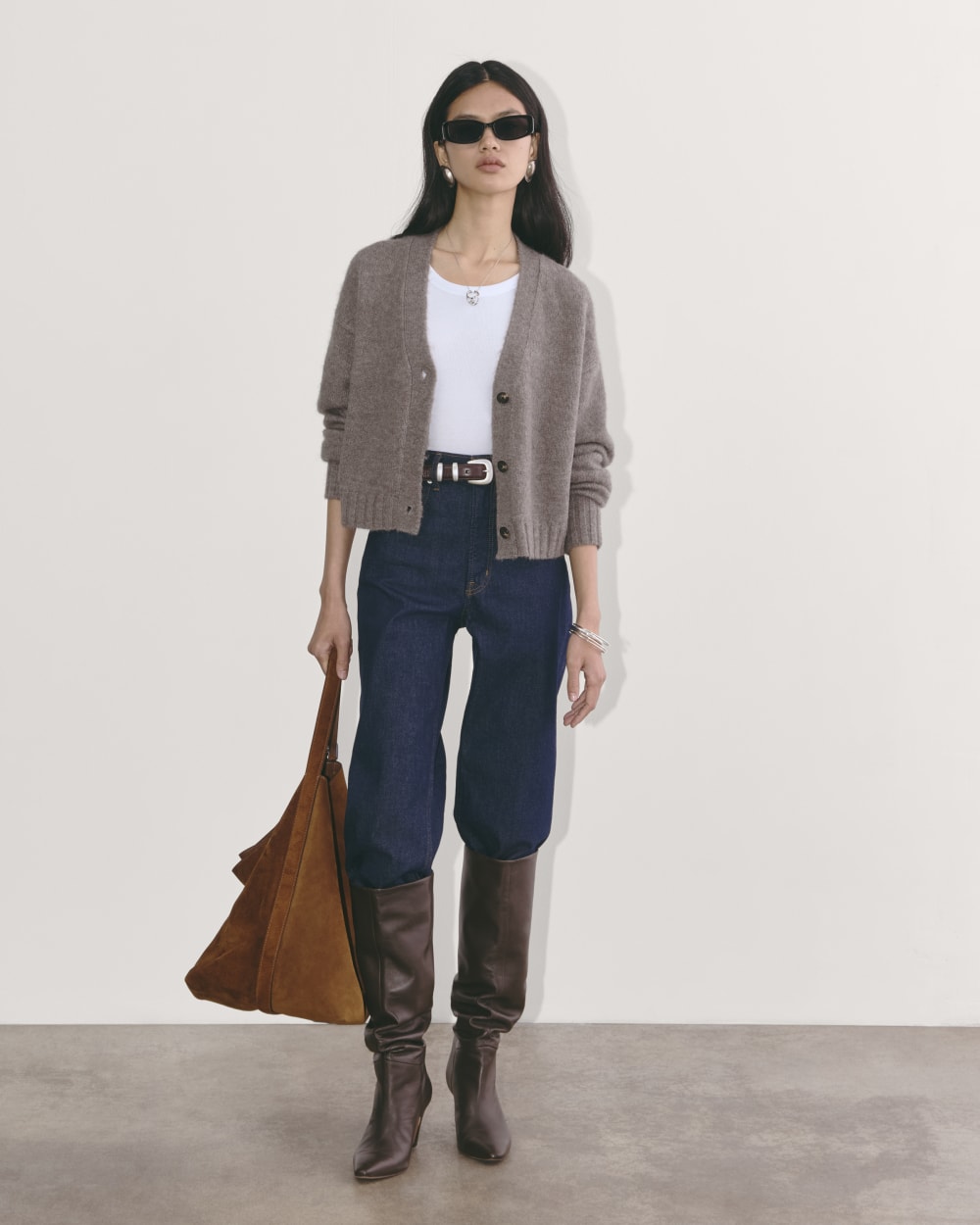 The Boxy Cardigan in Alpaca in Taupe Melange — detail view