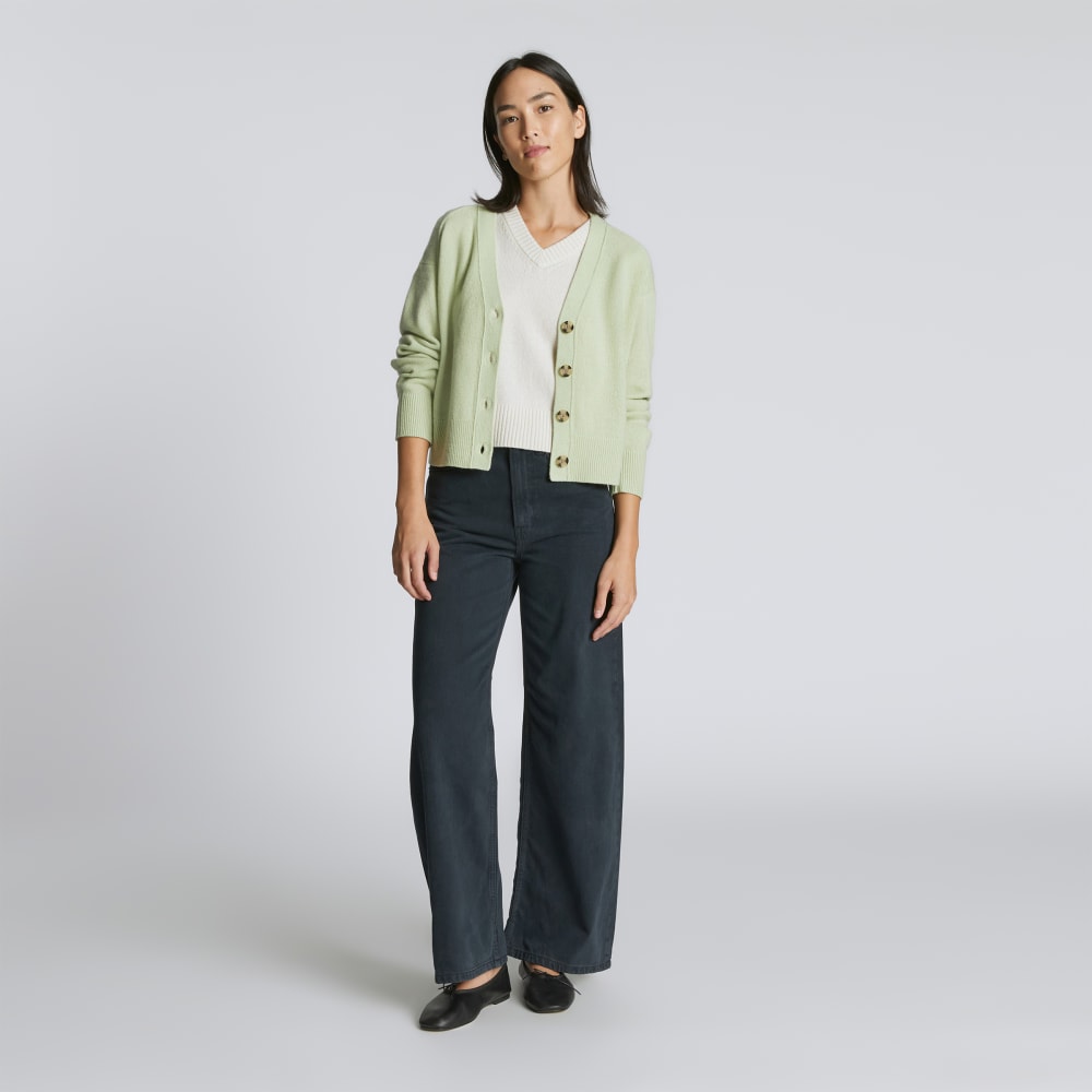 The Cashmere Cardigan in Seafoam Green — detail view