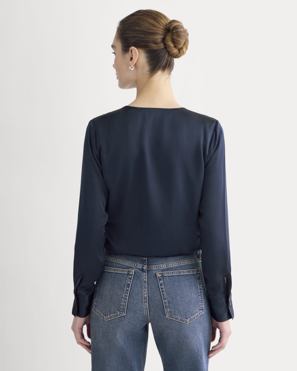 Wrap Top in Silk Charmeuse in Navy — detail view