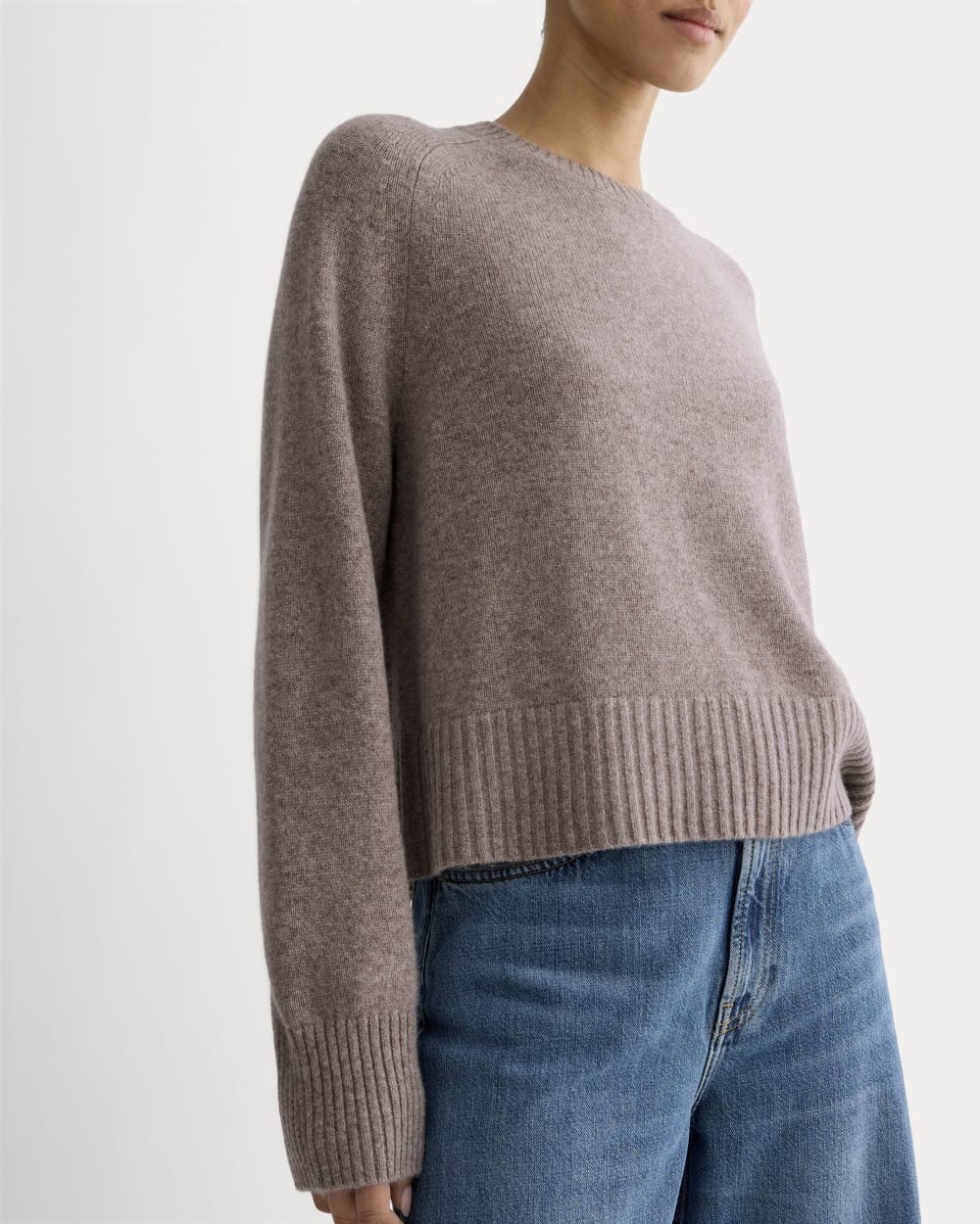 The Boxy Crew in Cashmere in Light Heathered Taupe — detail view