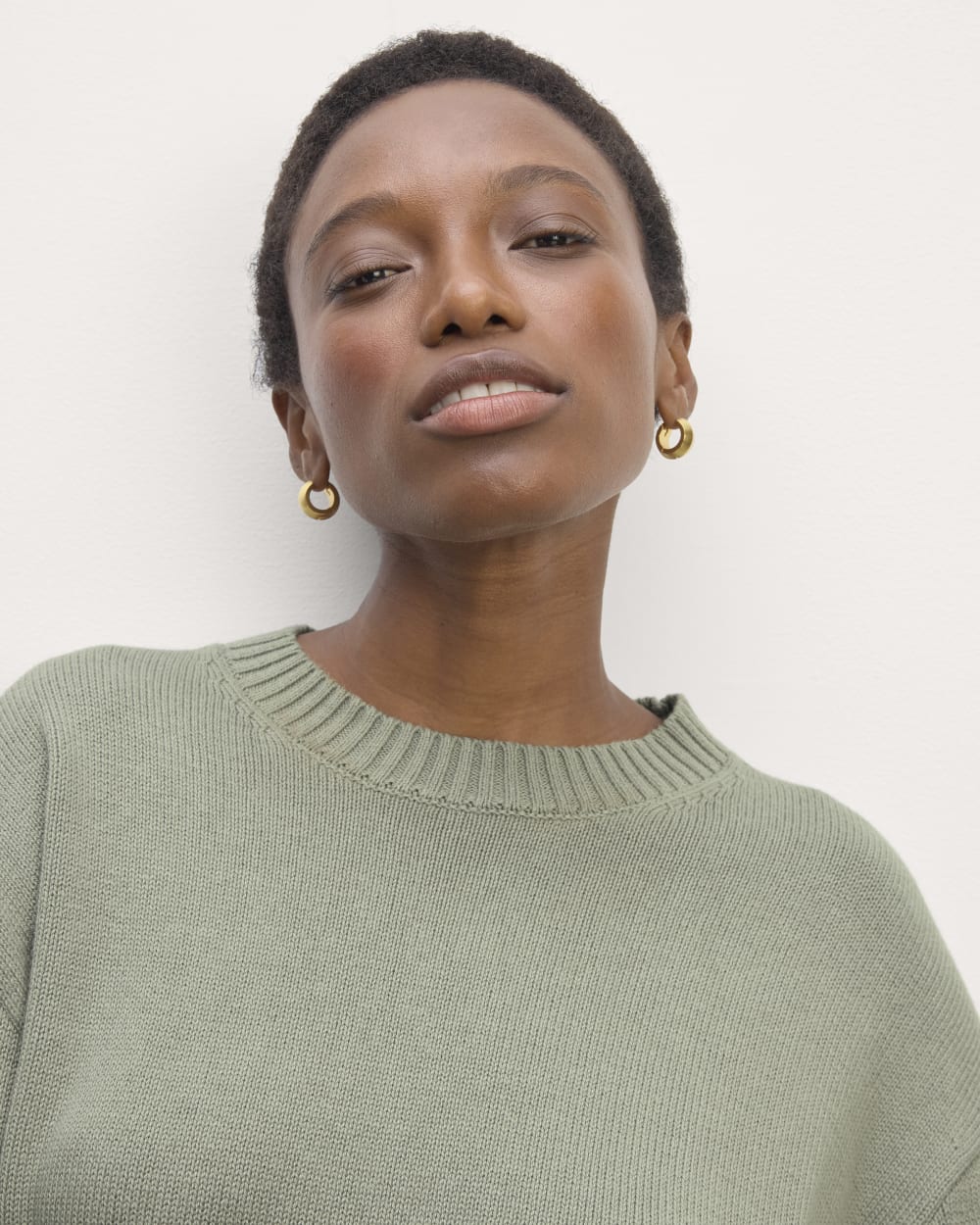 The Boxy Sweater in Everyday Cotton in Sage Green — detail view