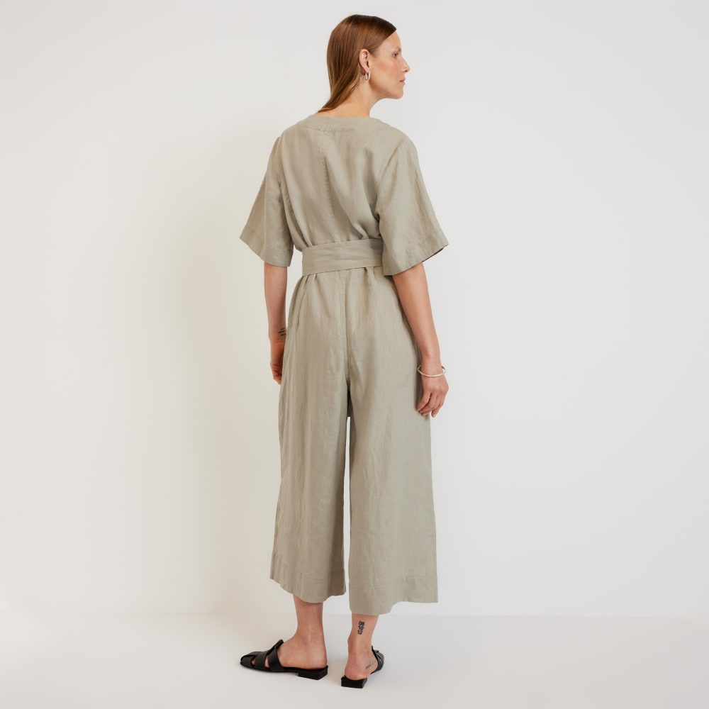 The Wrap Jumpsuit in Linen in Seagrass — detail view