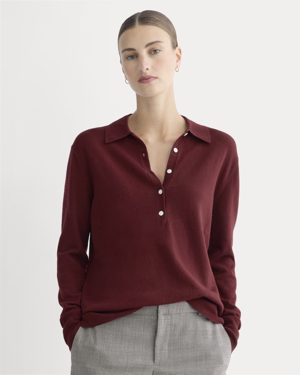 Oversized Polo Sweater in Cotton Merino in Deep Red — detail view