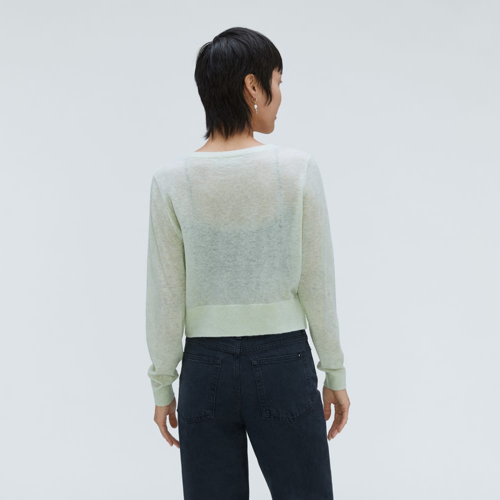The Featherweight Alpaca Cardigan in Seafoam Green — detail view