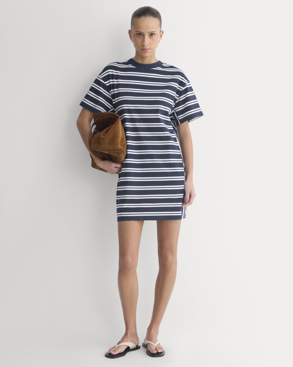 Weekend Tee Mini Dress in True Navy / Canvas Tan — front view