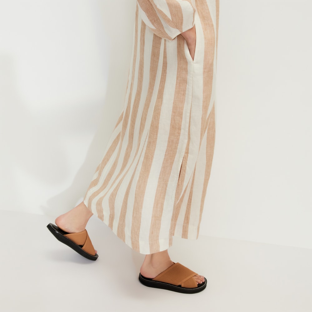 The Linen A-Line Midi Dress in Bone / Caramel — detail view