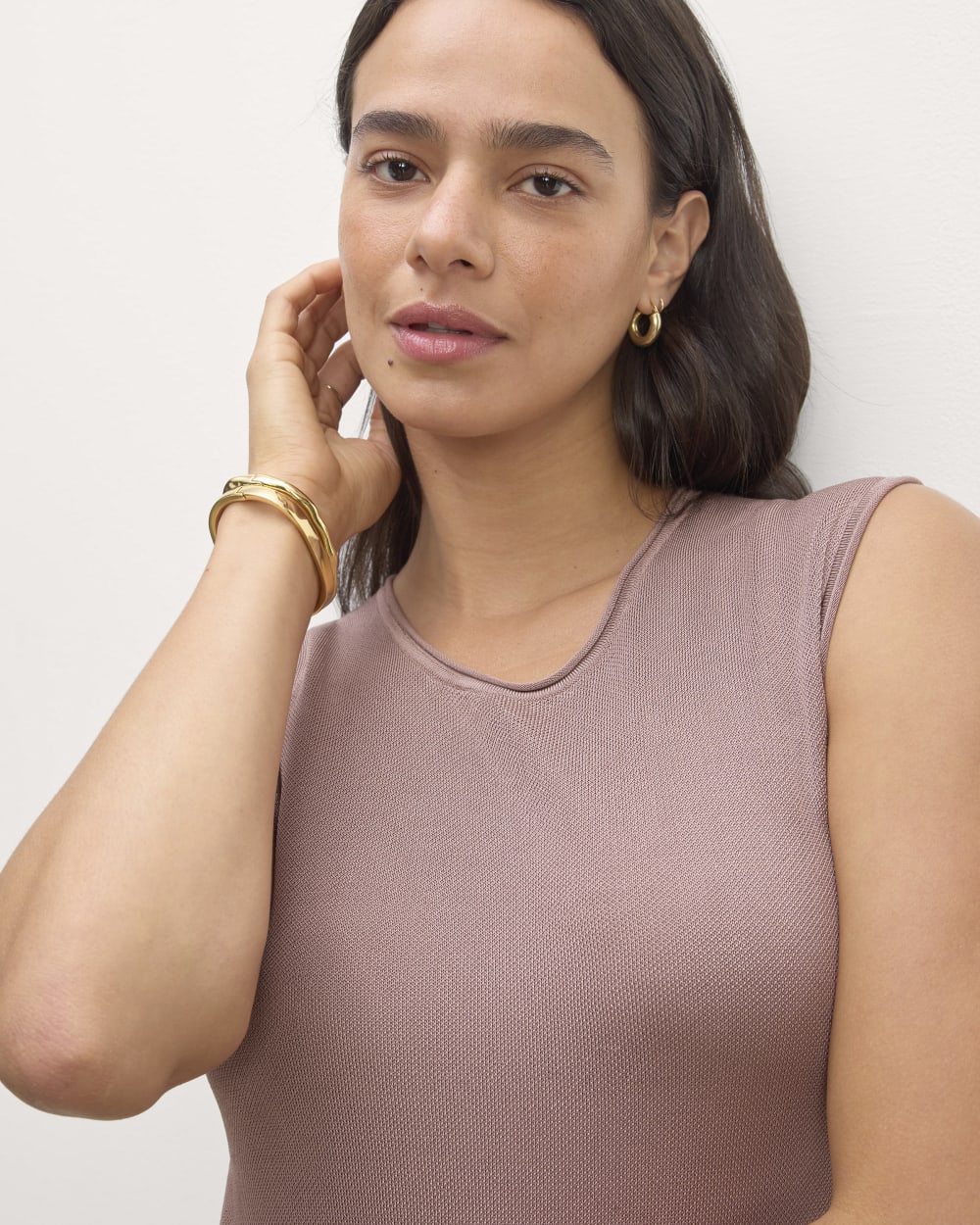 The Knit Pleated Dress in Dusty Rose — detail view
