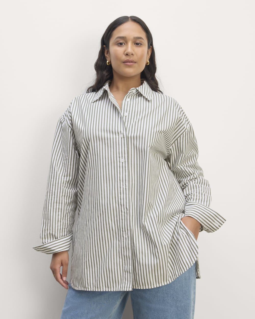 The Supima® Cotton Boyfriend Shirt in White / Moss Green — front view