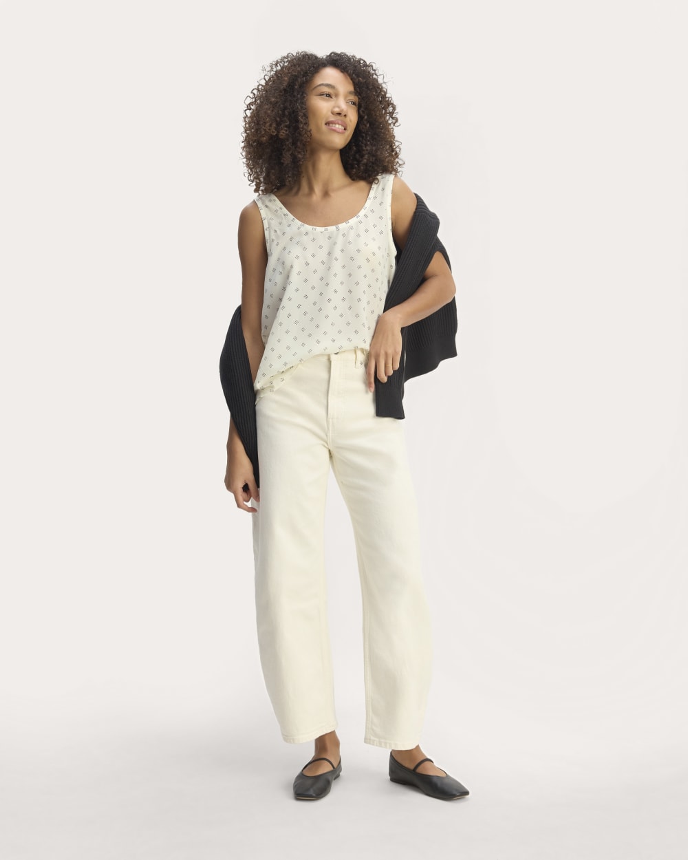 The Scoop Tank in Washable Silk in Bone / Black Square Dot — detail view