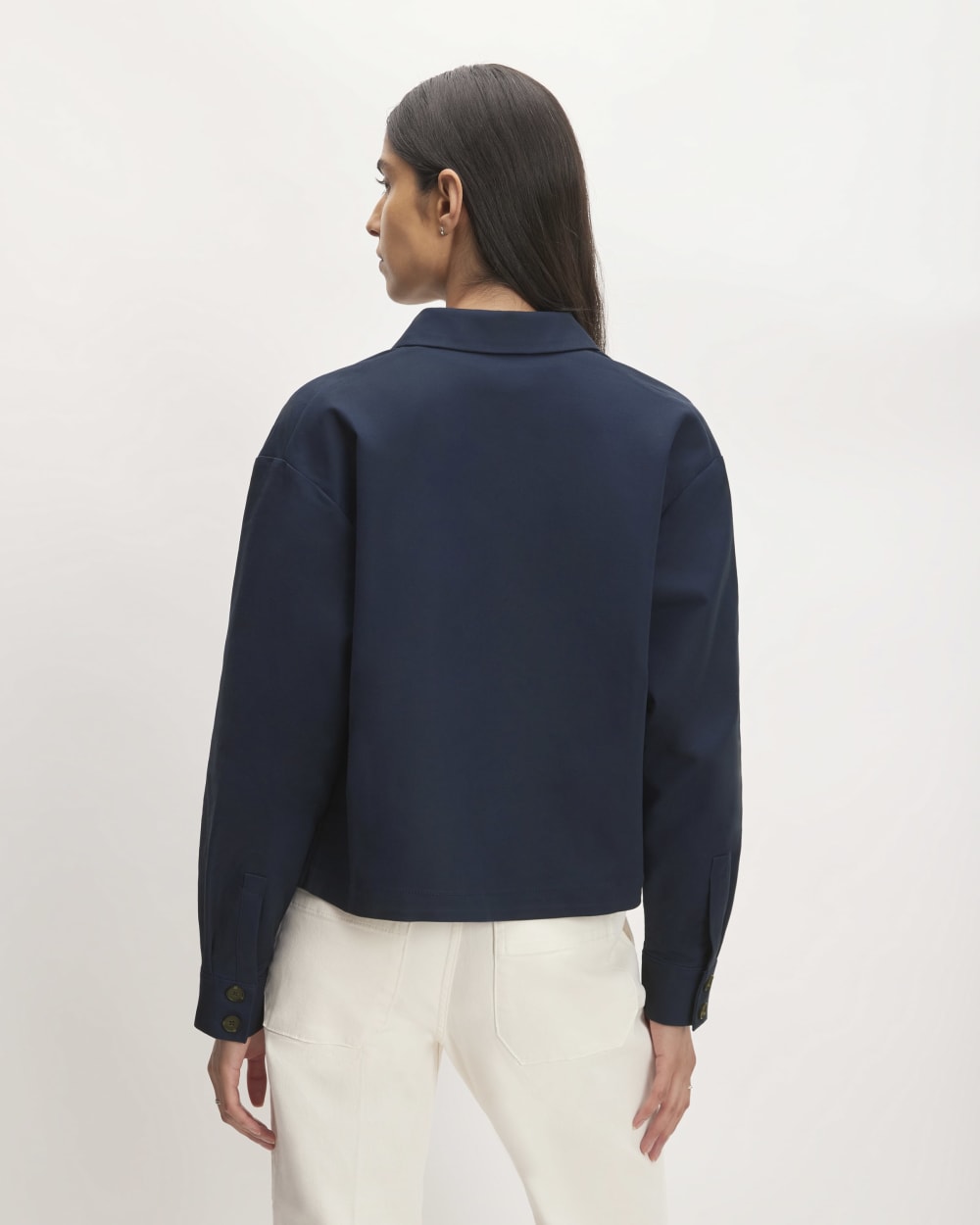 The Structured Cotton Cropped Shirt in Navy — detail view