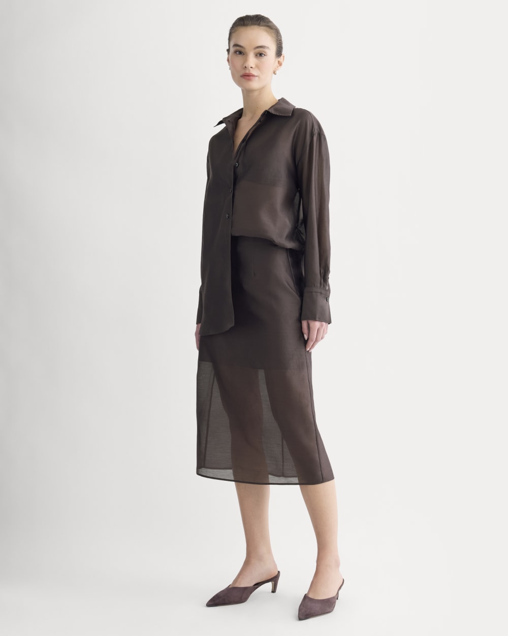 Oversized Shirt in Cotton-Silk Organza in Dark Chocolate — detail view