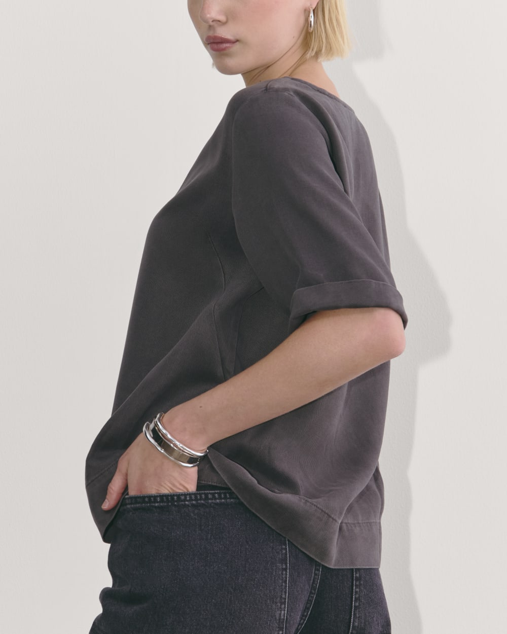 The Relaxed Tee in Buttersoft in Graphite — detail view