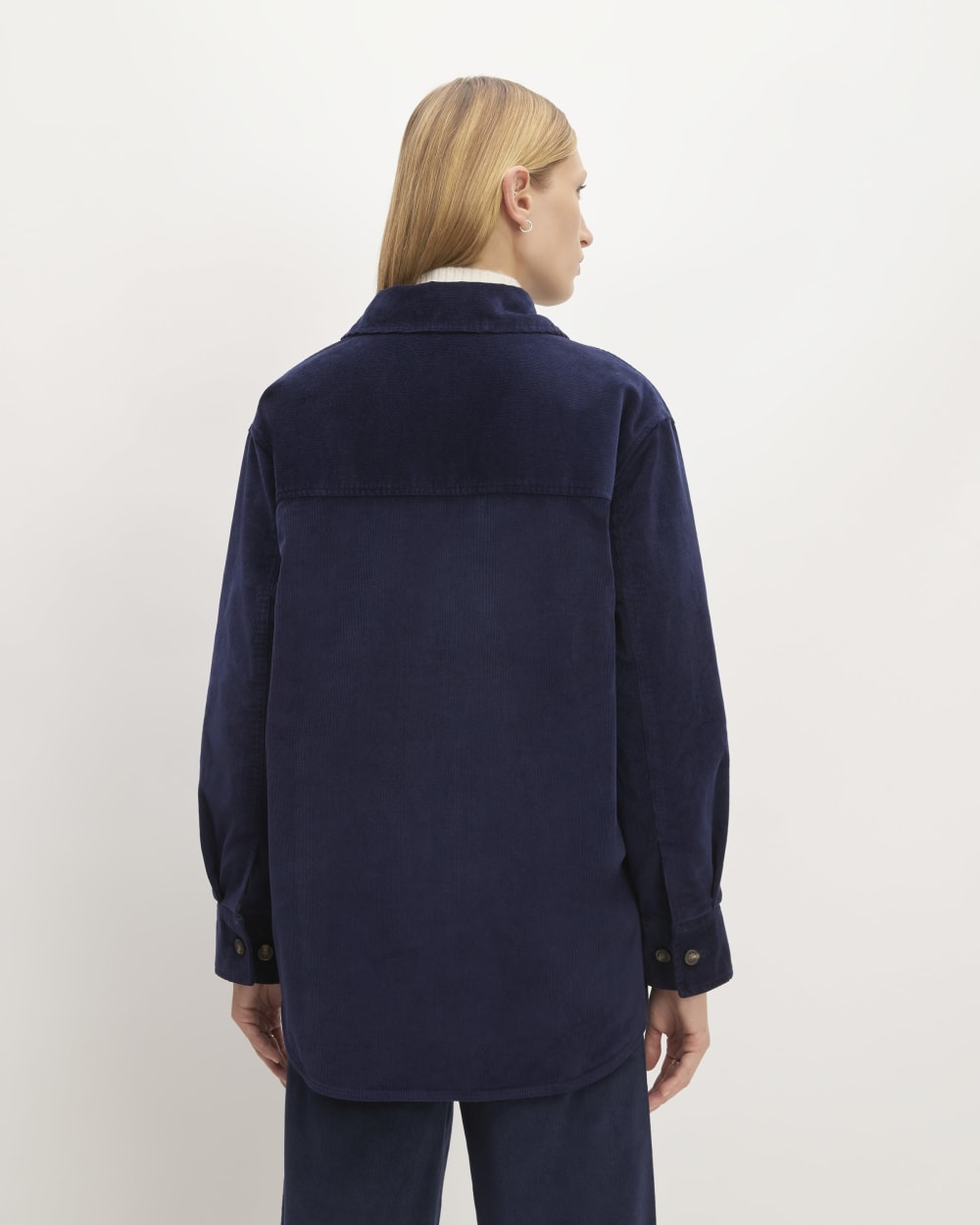 The Corduroy Oversized Shirt Jacket in Navy — detail view