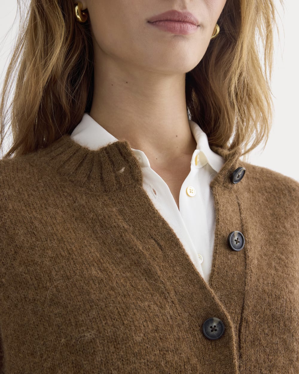 The Crew Cardigan in Alpaca in Toffee — detail view