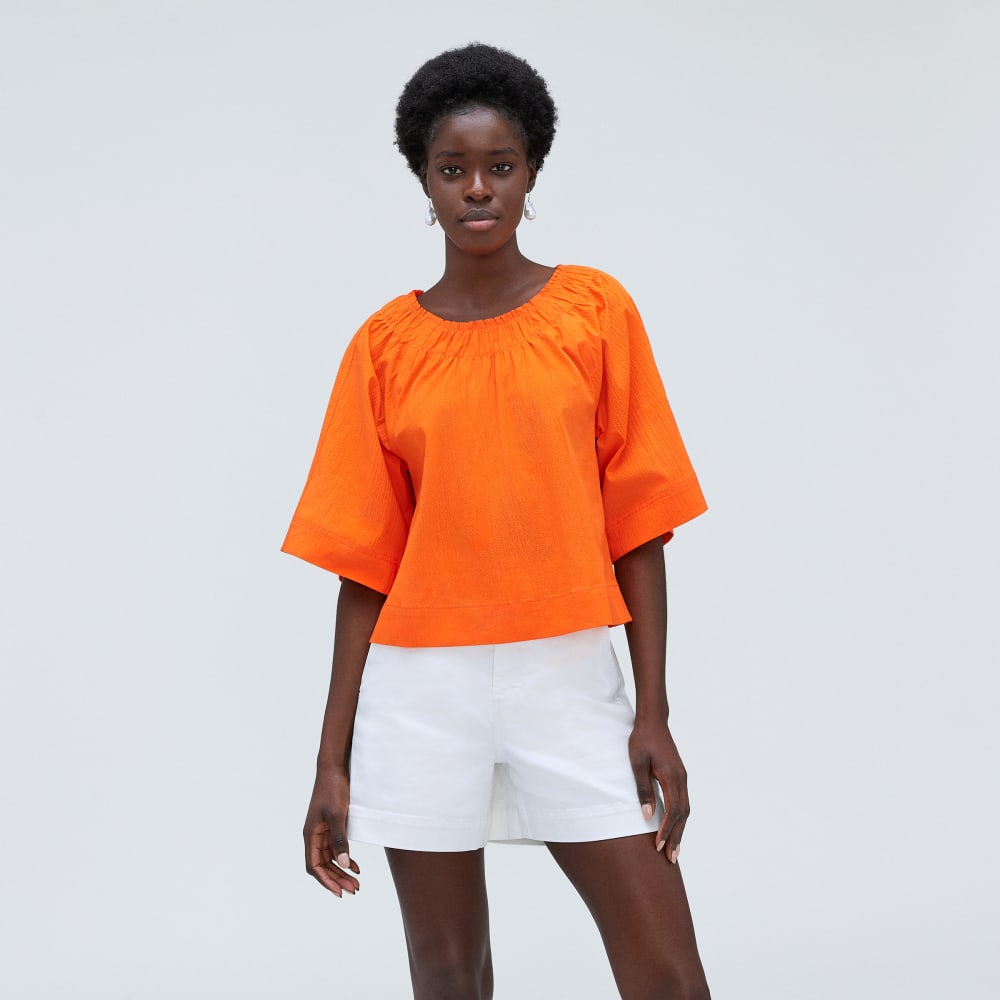 The Seersucker Gathered Tee in Bright Orange — alternate view