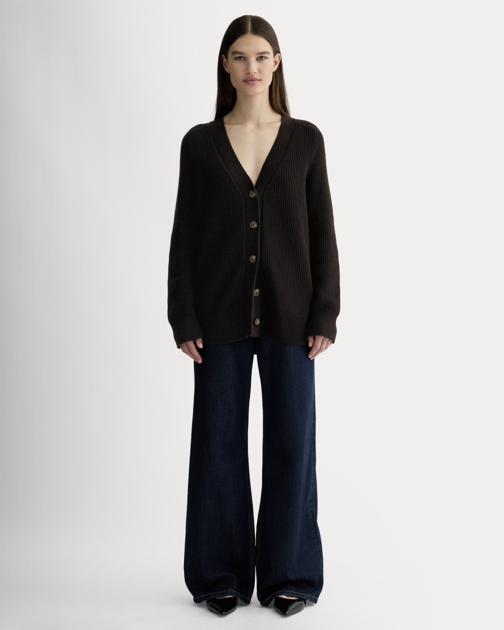 The Long Cocoon Cardigan in Black — detail view
