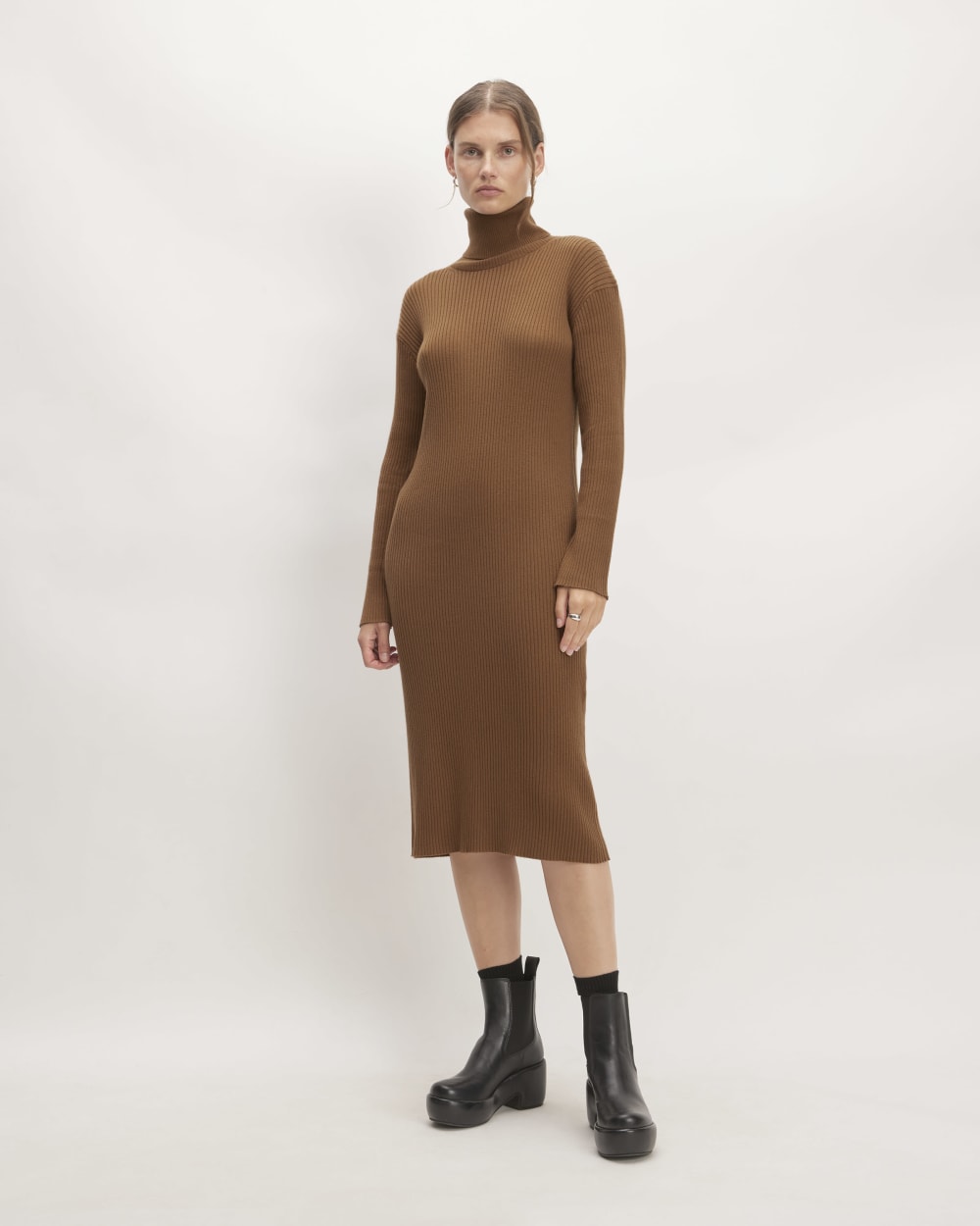 The Cotton-Merino Turtleneck Dress in Rich Camel — front view