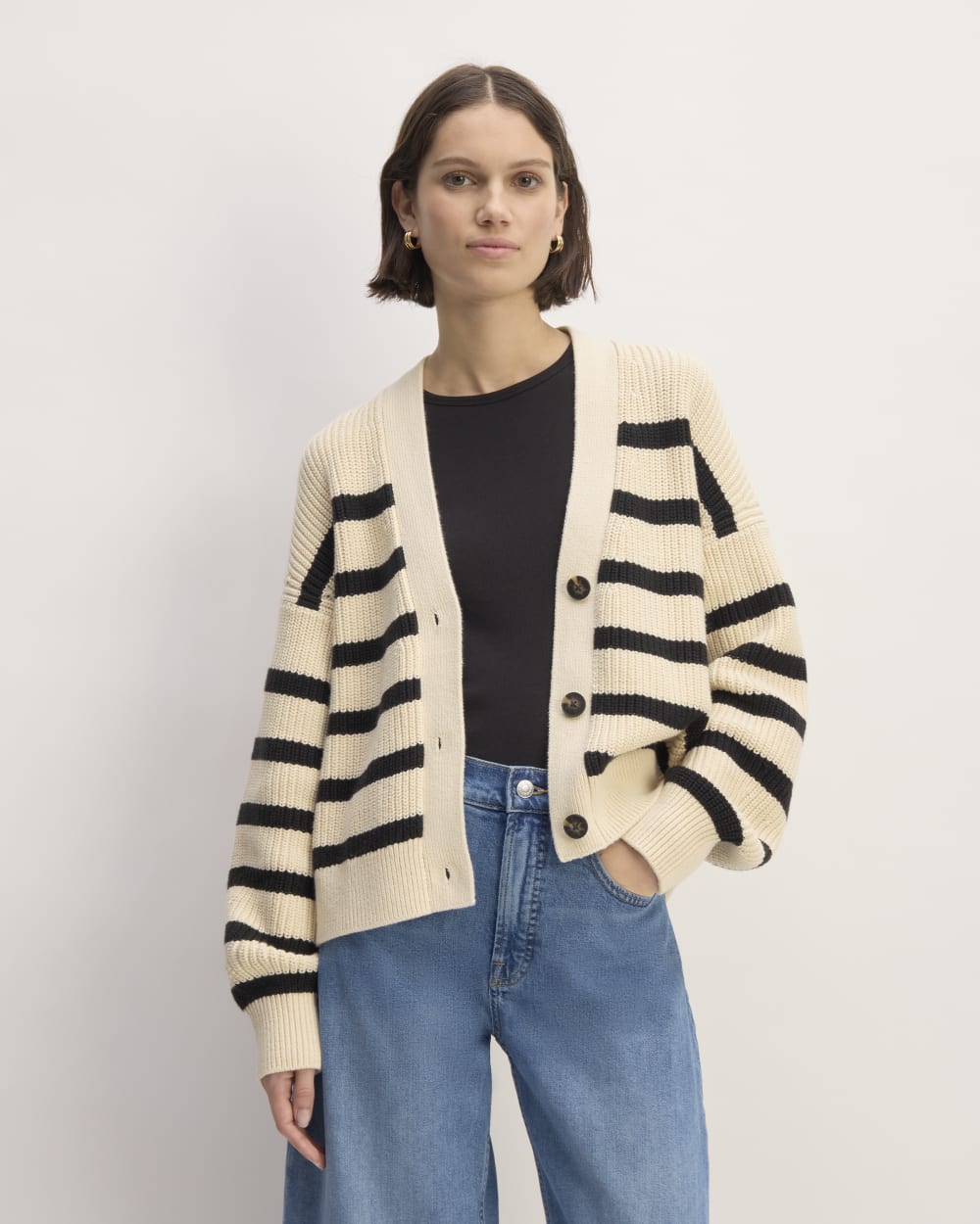 The Boxy Cardigan in Everyday Cotton in Canvas / Black — front view