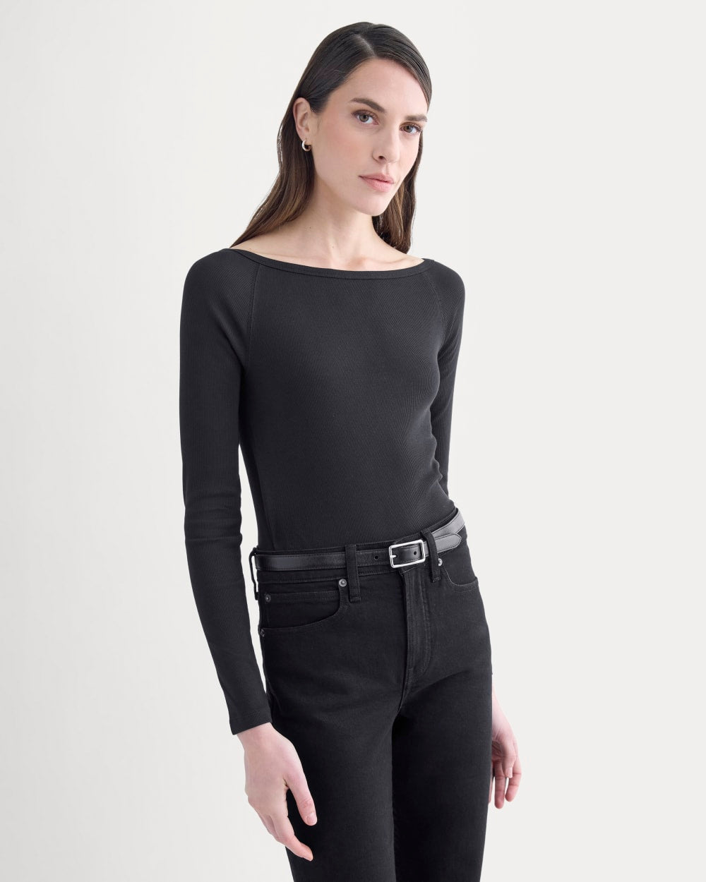 Luxe Rib Boatneck Top in Black — front view