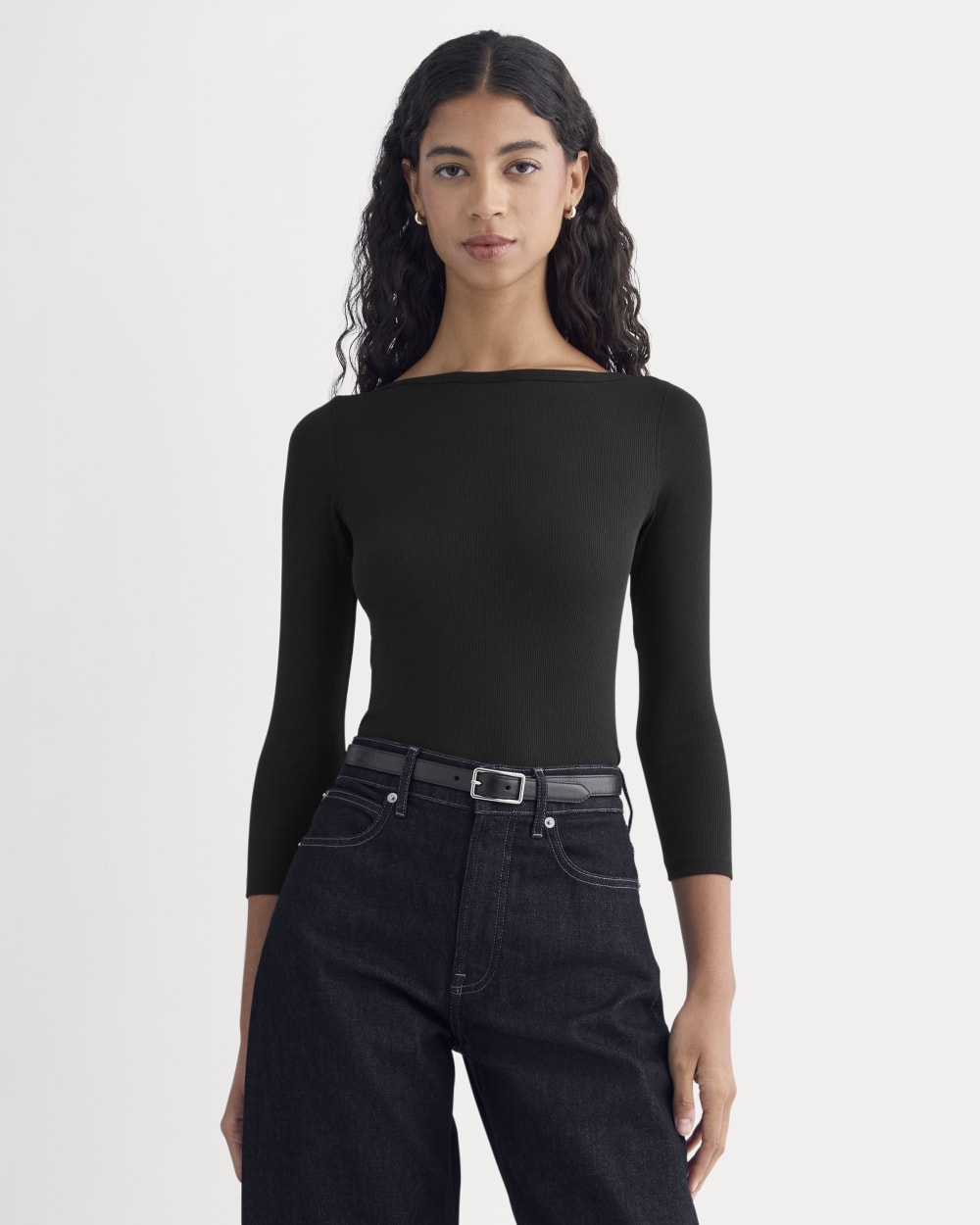 Luxe Rib 3/4 Sleeve Boatneck Tee in Black — front view