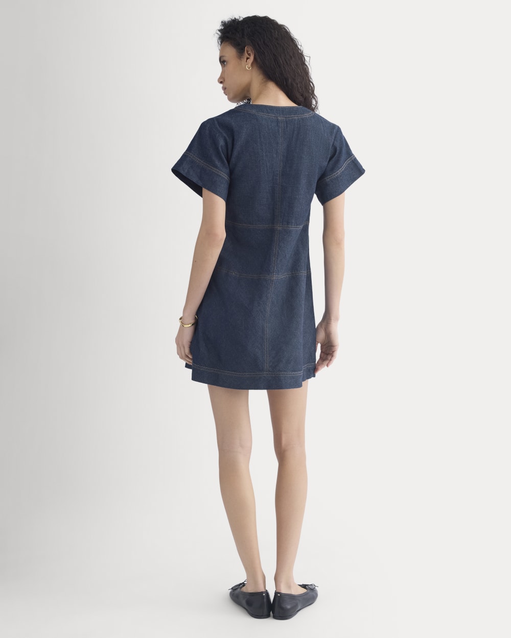 Denim Short-Sleeve Dress in Dark Indigo Rinse — detail view