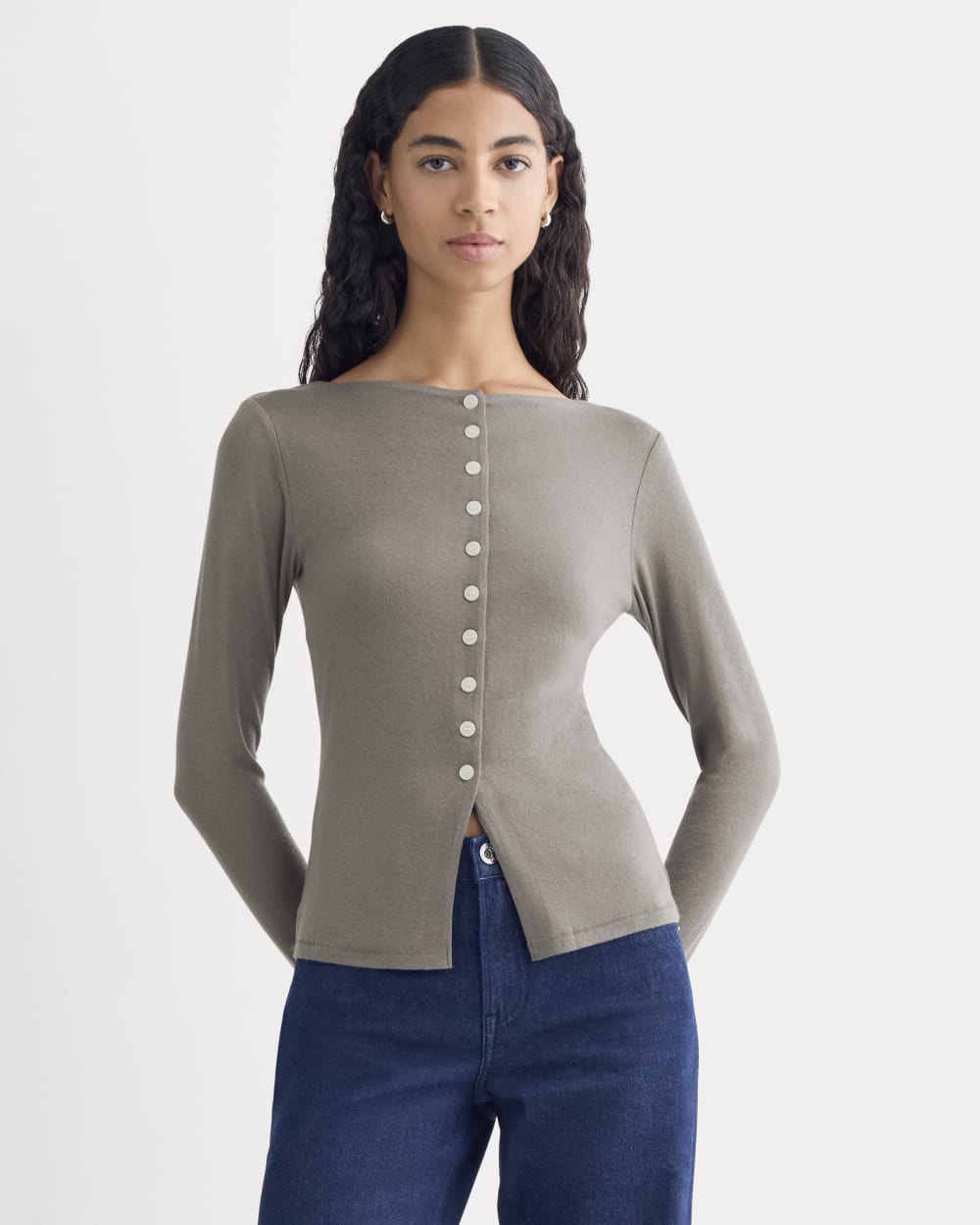Button-Up Top in Butterluxe in Taupe — front view