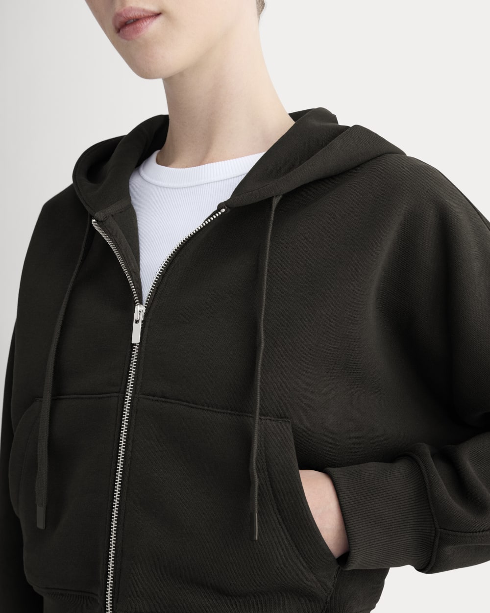 Luxe Fleece Full-Zip Cropped Hoodie in Black — detail view