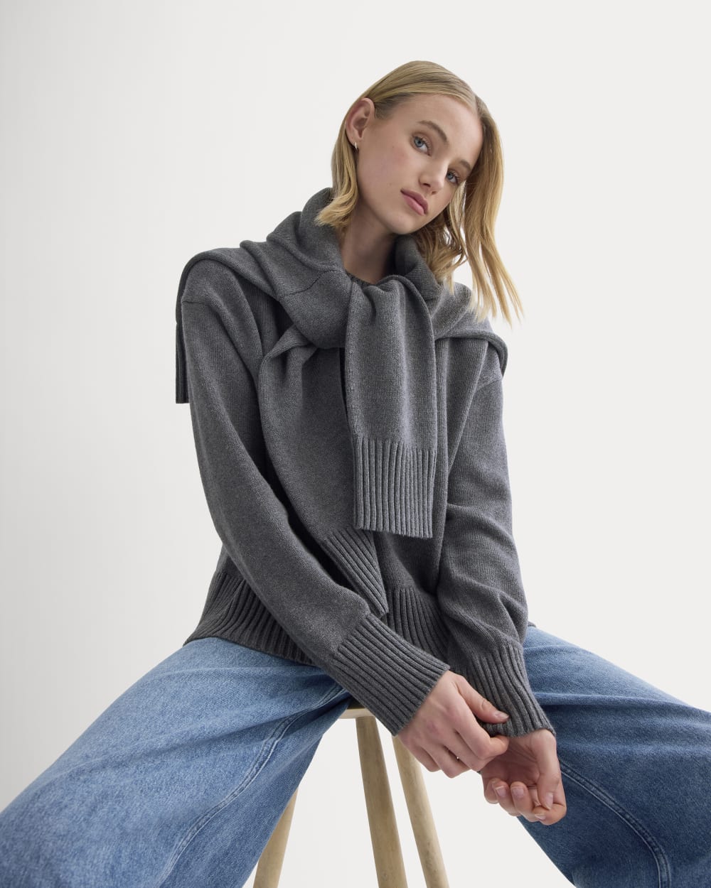 The Boxy Sweater in Everyday Cotton in Heathered Charcoal — front view