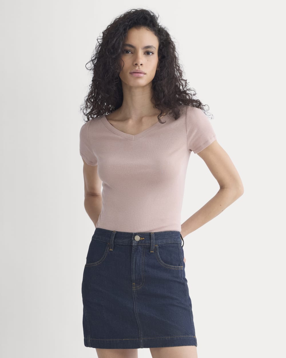 Tissue Short-Sleeve V-Neck Top in Dusty Rose — front view