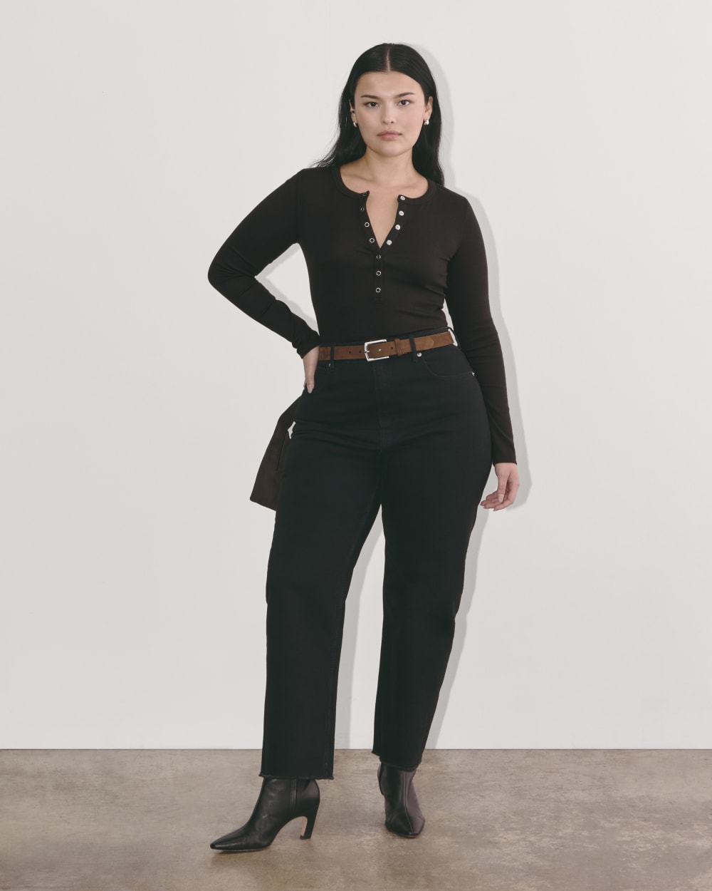 The Luxe Rib Henley in Black — detail view