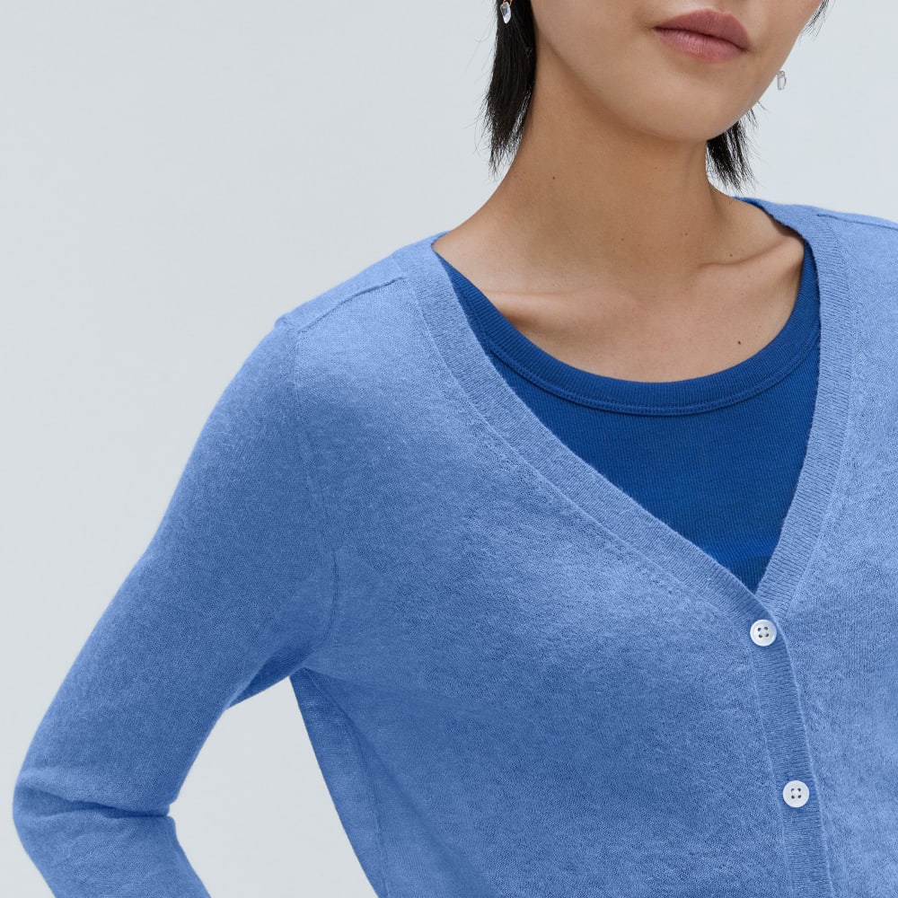 The Featherweight Alpaca Cardigan in Blue Opal — detail view