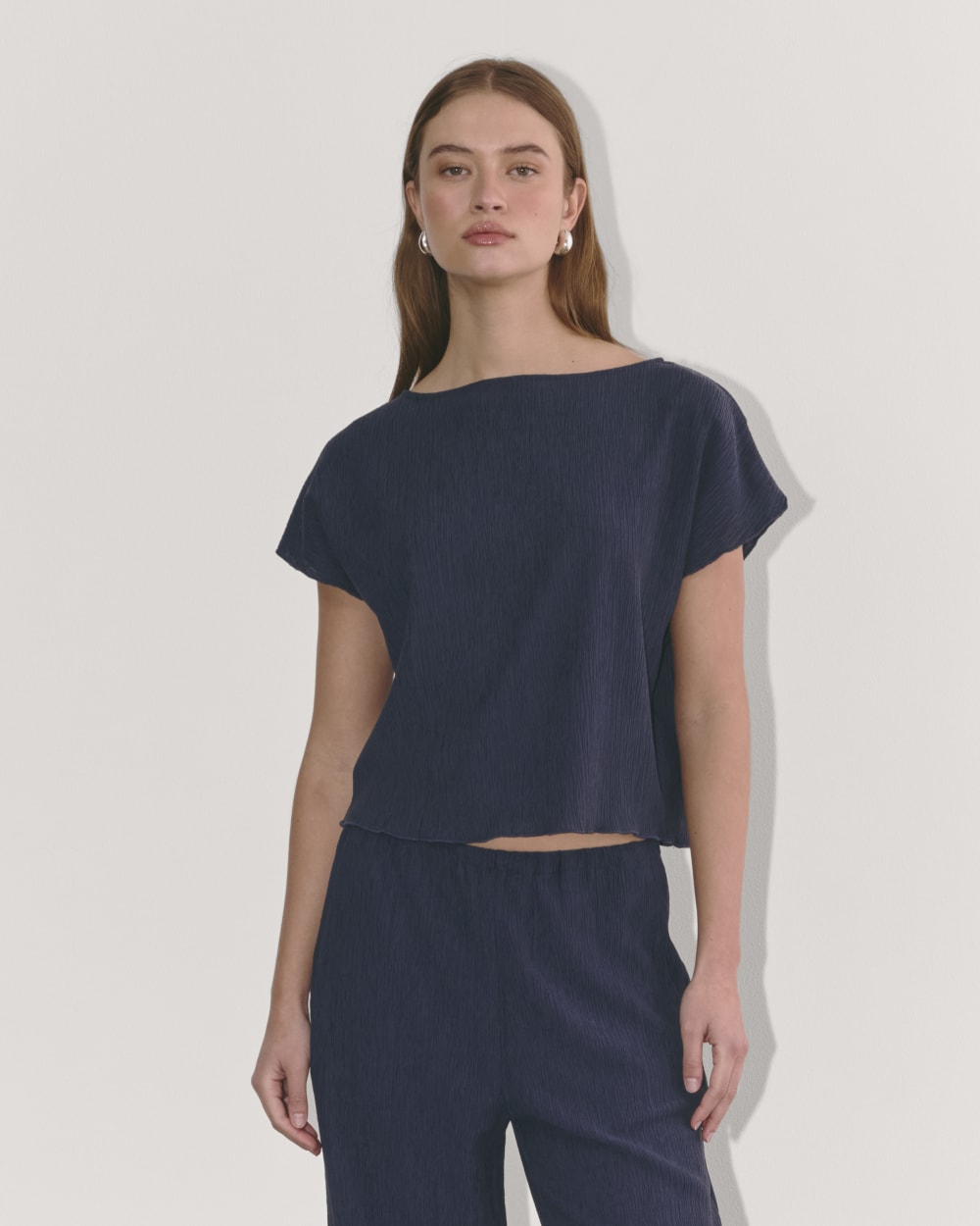 The Crinkle Top in Navy — front view