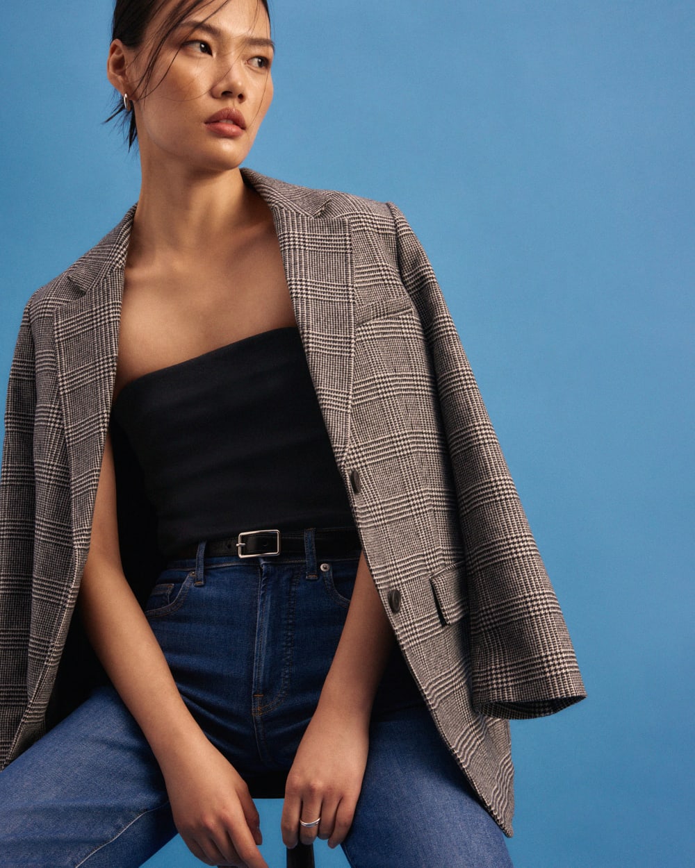 The Oversized Blazer in Wool in Glen Plaid — detail view