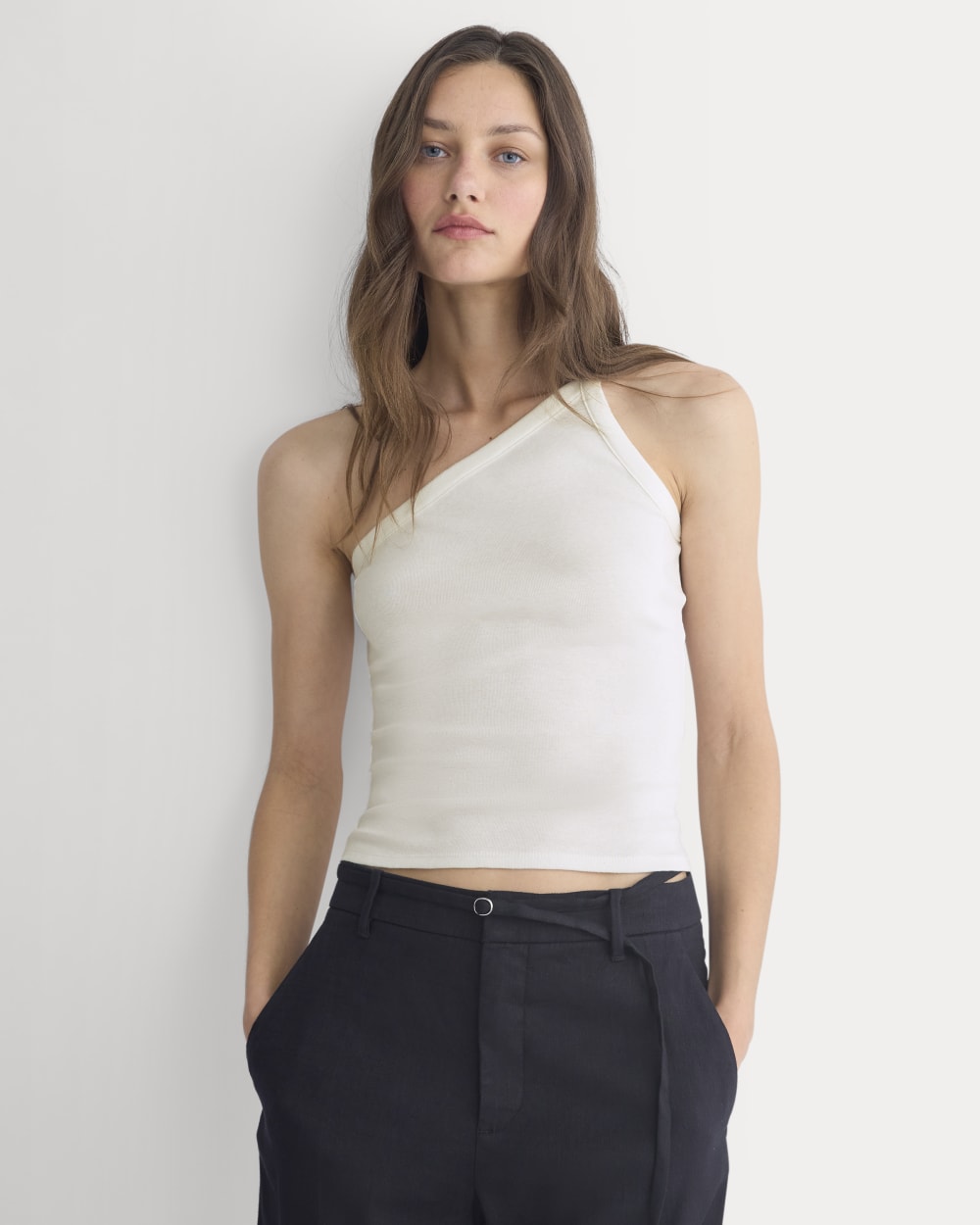 RetroSoft Cotton One-Shoulder Tank in Bone — front view