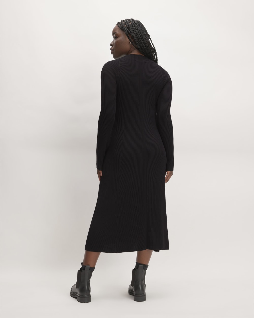 The Ribbed Mock Neck Midi Dress in Black — detail view